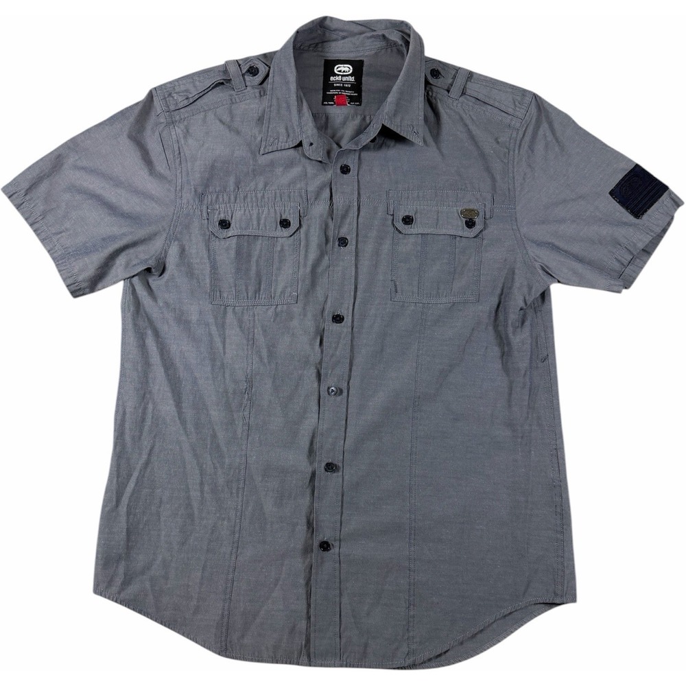 Ecko Unltd. Men's Grey Short Sleeve Military Style Button Down Shirt Size L